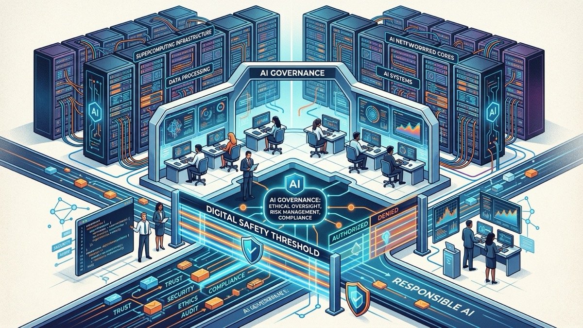 Editorial illustration of artificial intelligence server infrastructure and digital safety governance thresholds