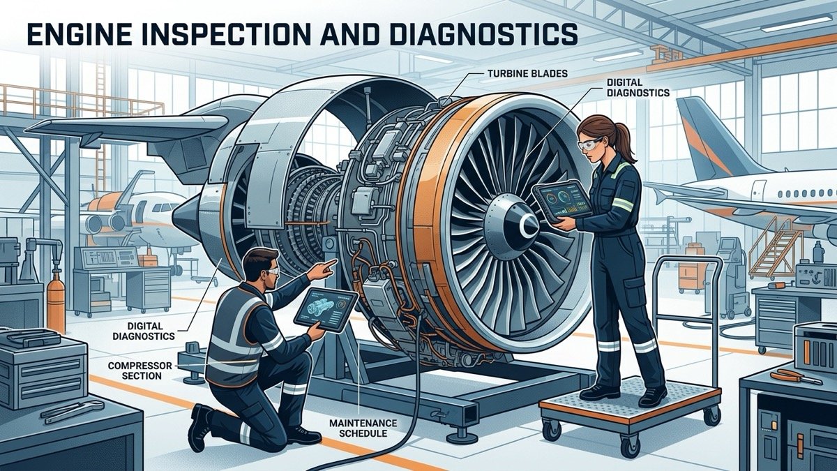 Editorial illustration of commercial airplane jet turbofan engine inspection in maintenance hangar