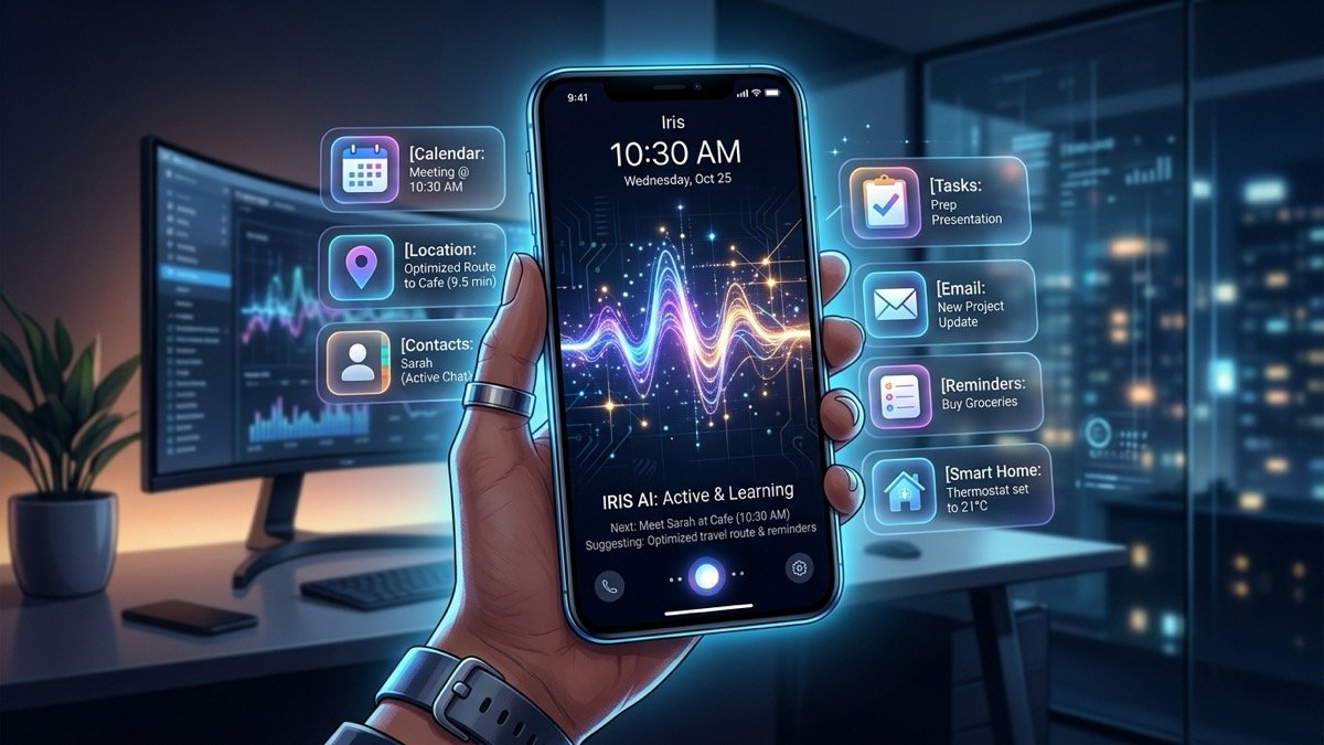 Editorial illustration of smartphone artificial intelligence assistant interface and glowing neural waveform