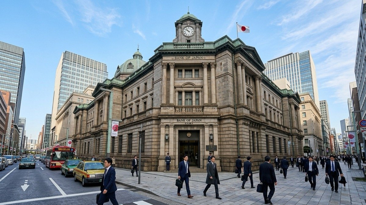 टोक्यो Nihonbashi वित्तीय जिले में ऐतिहासिक बैंक ऑफ जापान इमारत स्पष्ट स्की के तहत