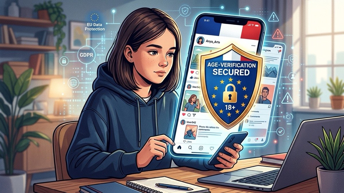 Editorial illustration of smartphone screen with youth social media interface and digital age-verification shield