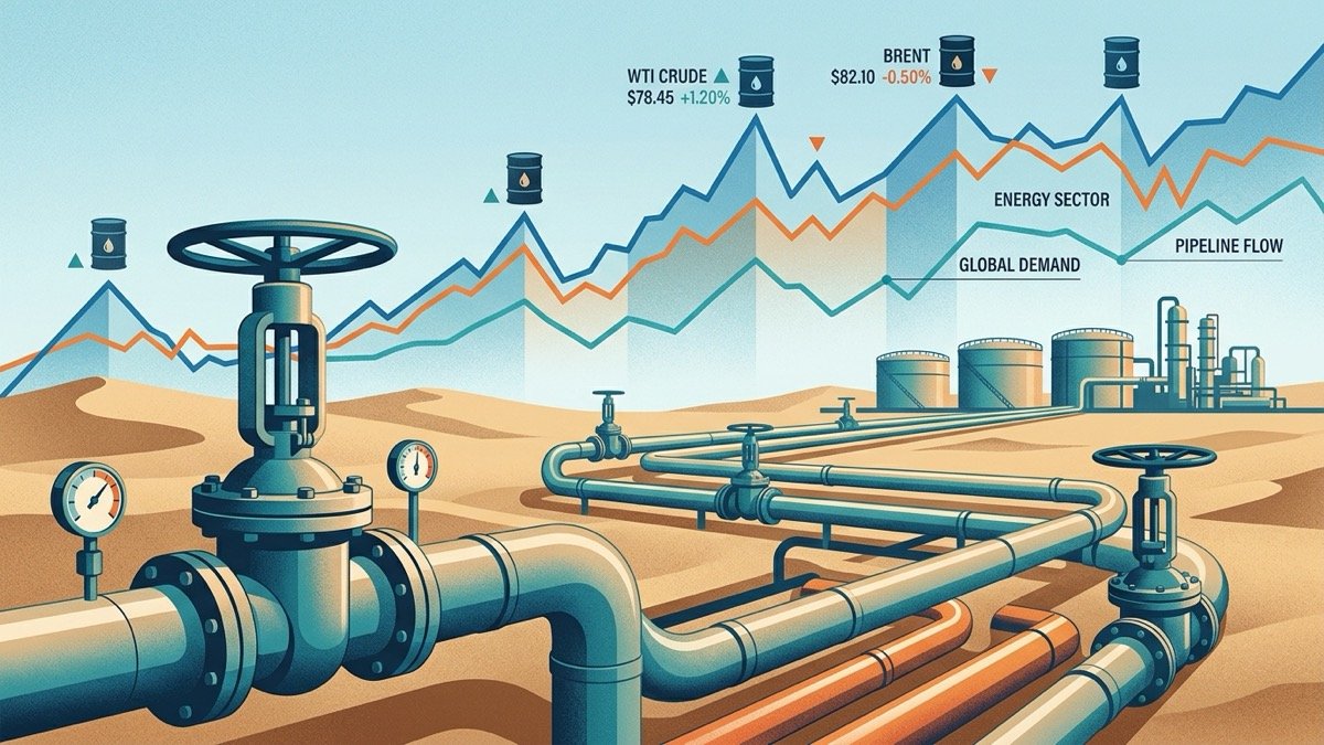 Editorial illustration of oil pipeline valves across desert terrain with stock market energy price charts