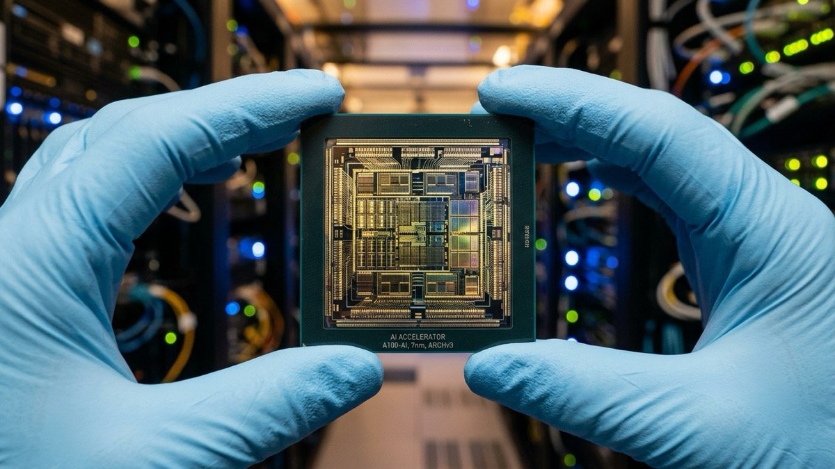 مهندس محبوب يحمل رقاقة مجهزة متطورة لعجلات AI في مركز بيانات المؤسسة