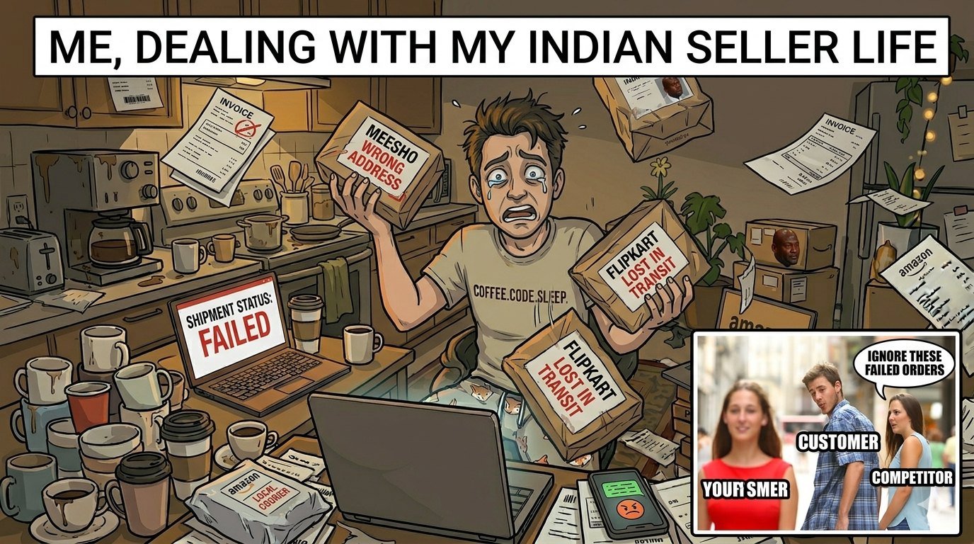 Ilustración para cómo cortar sobre los errores de envío en Meesho y Flipkart (antes de que sus clientes vayan locos)