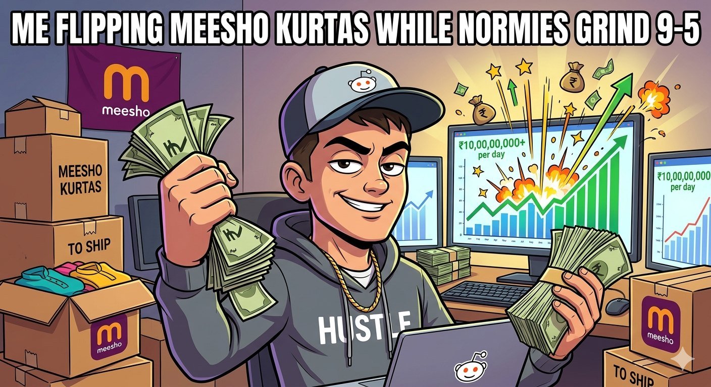 Eine Illustration für Meeshos Bestseller im Jahr 2025 war "Flip These or Stay Broke Forever, Hustlers".