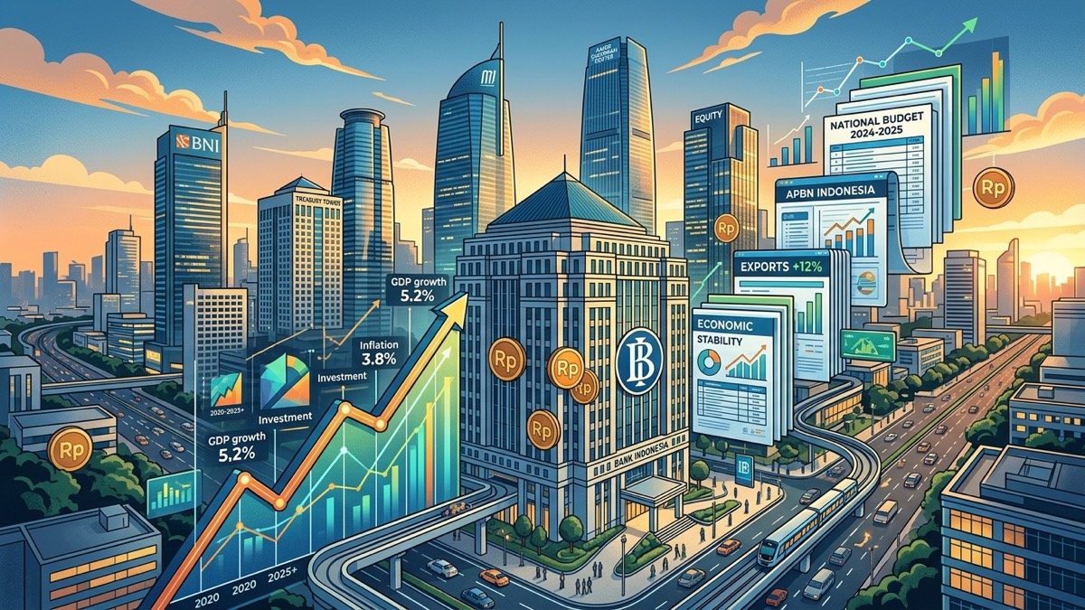 Editorial illustration of modern Jakarta financial district skyline with central bank symbols and national budget data charts