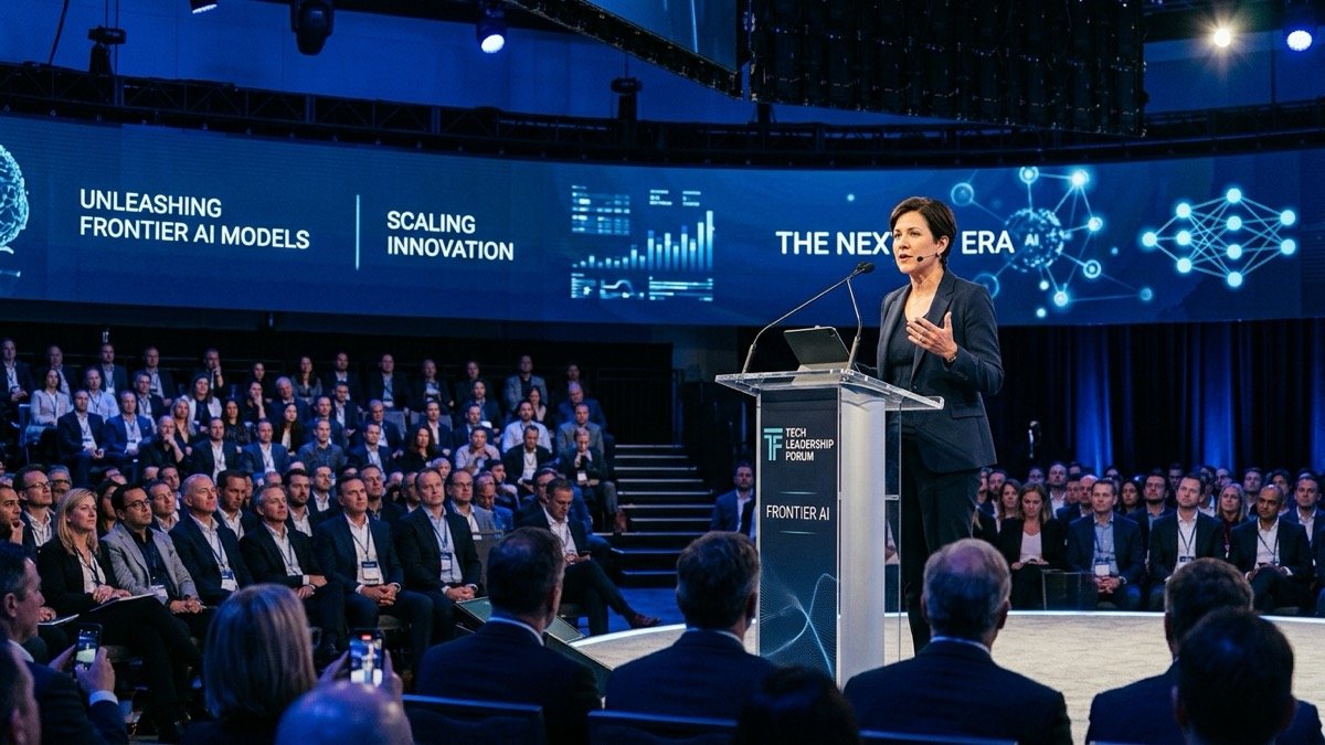 الهيئة التنفيذية للتكنولوجيا التي تتكلم في المنصة الرئيسية أمام جمهور في منتدى القيادة العالمي للمبادرة