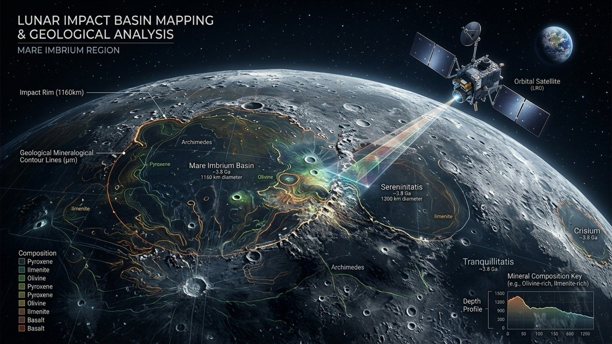 Scientific editorial illustration of the Moon surface showing orbital satellite scanning beam and geological crater basin mapping