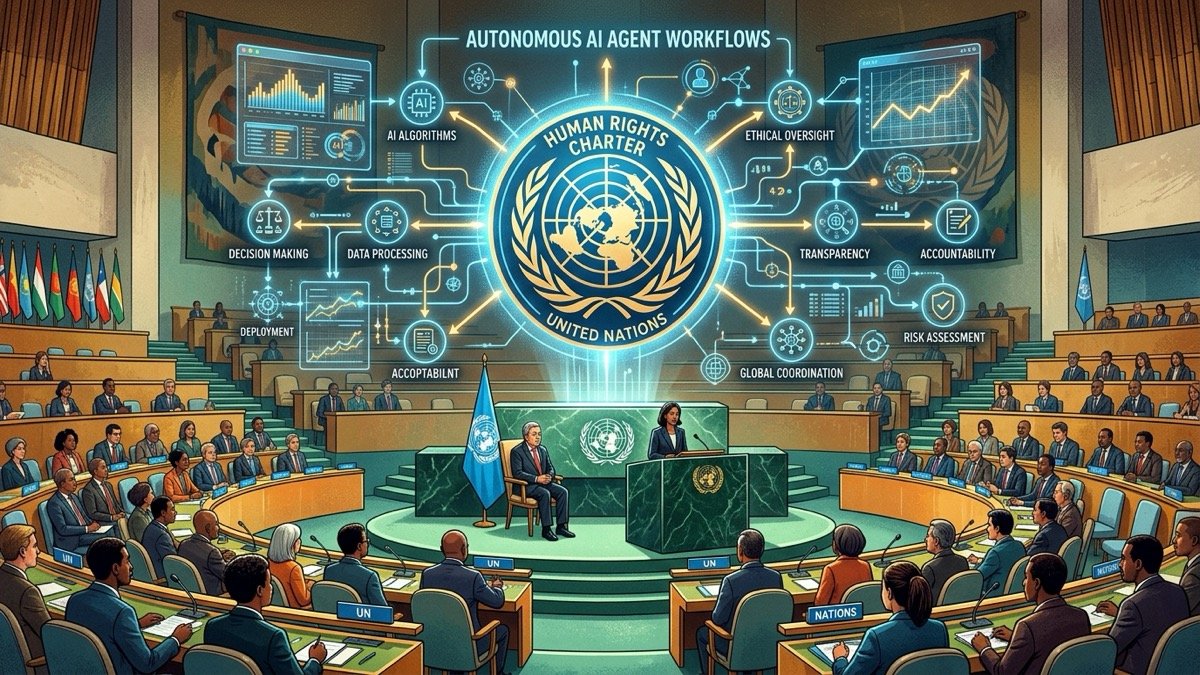 Editorial illustration of United Nations assembly with holographic display of autonomous AI agent workflows