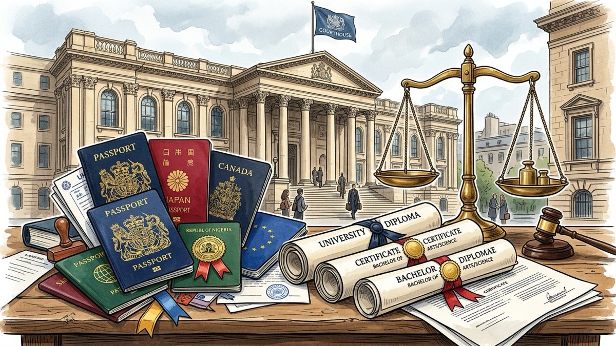 Editorial illustration of international student passports, university diplomas, and legal courthouse scales
